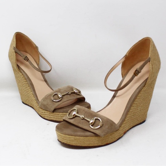 Gucci horsebit wedge sandal nude suede 39 - Picture 1 of 6